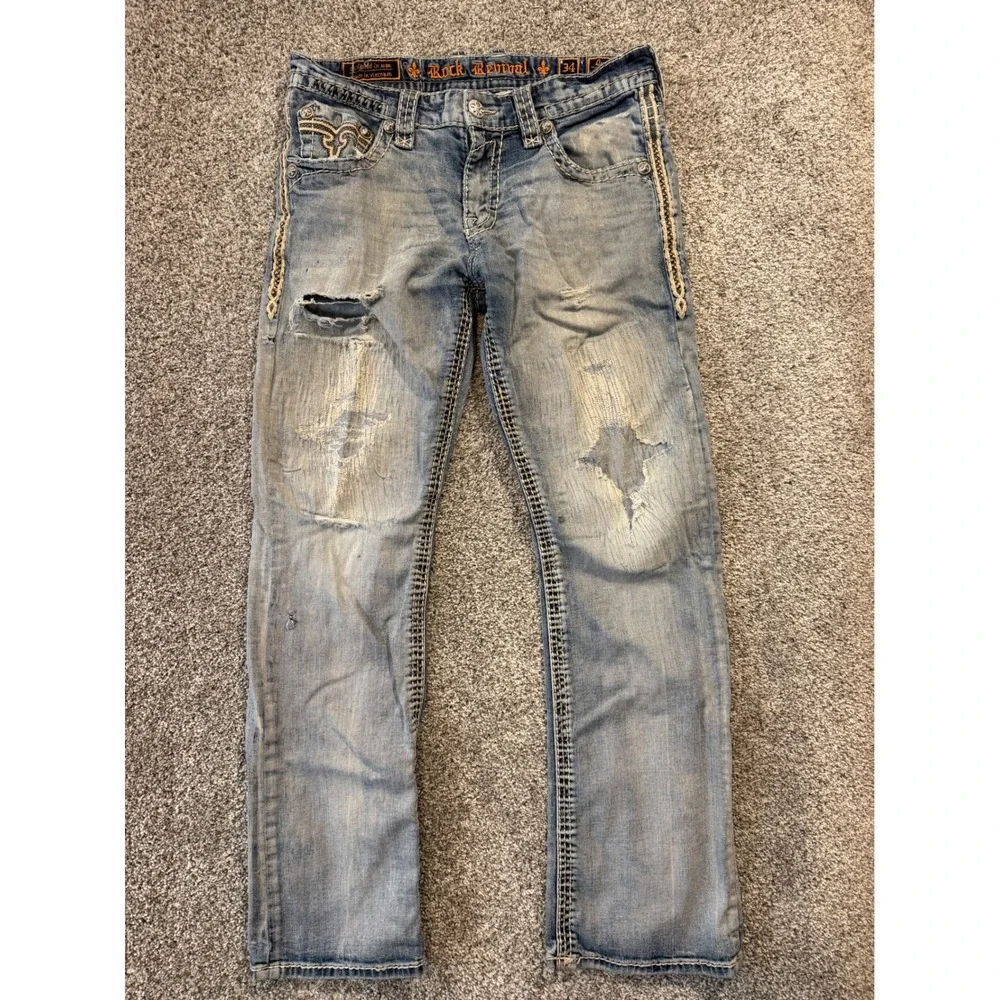 Rock Revival Jeans Men 34 Blue Owen Boot Distressed Ripped Embroidered EP9657BL*